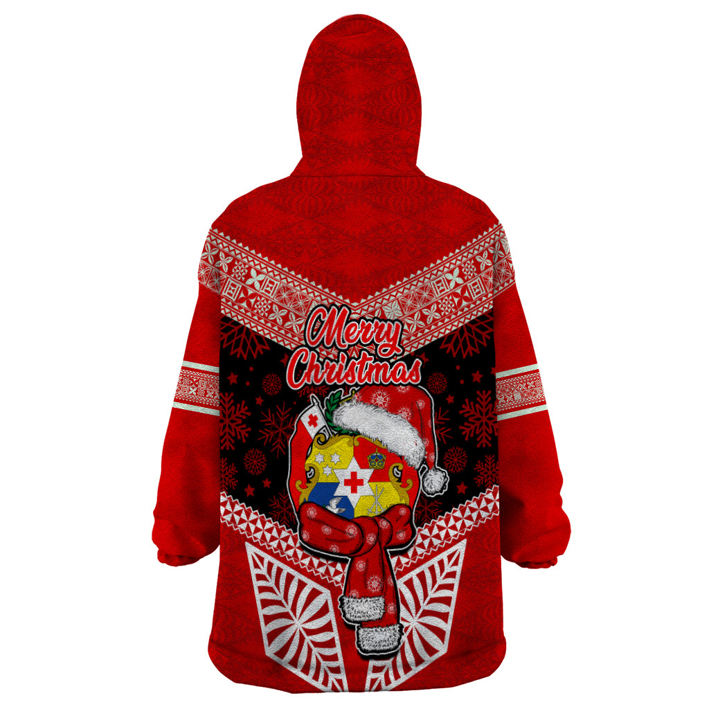 Tonga Christmas Wearable Blanket Hoodie Tongan Coat of Arms Santa With Ngatu Pattern Christmas Red Style LT03 - Polynesian Pride