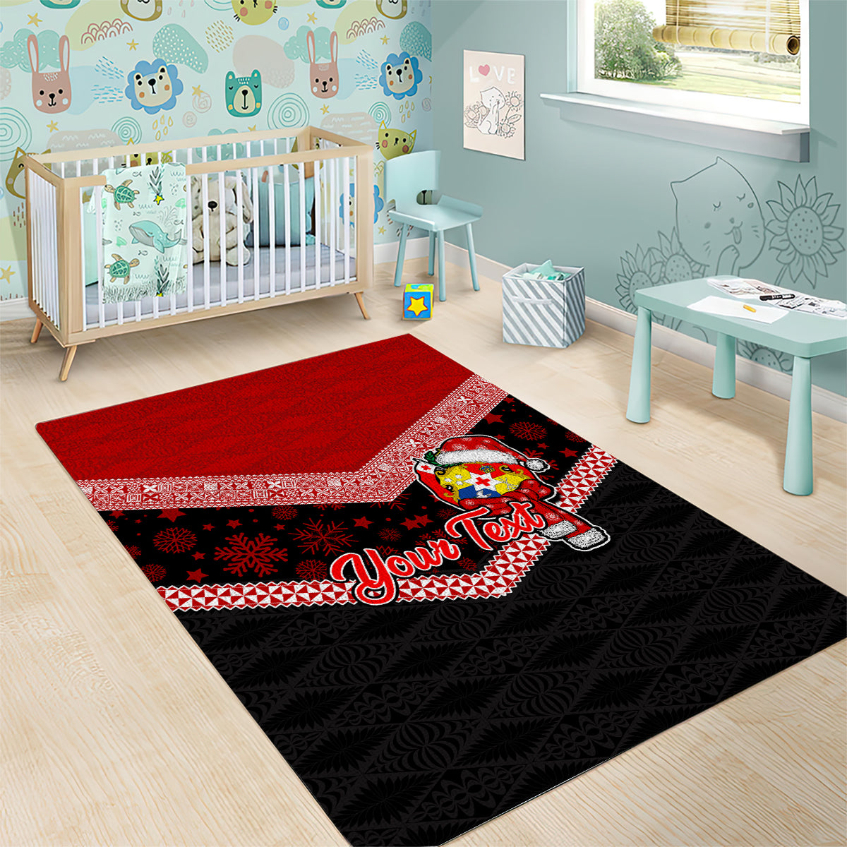 Personalised Tonga Christmas Area Rug Tongan Coat of Arms Santa With Ngatu Pattern Christmas Red Style LT03 - Polynesian Pride