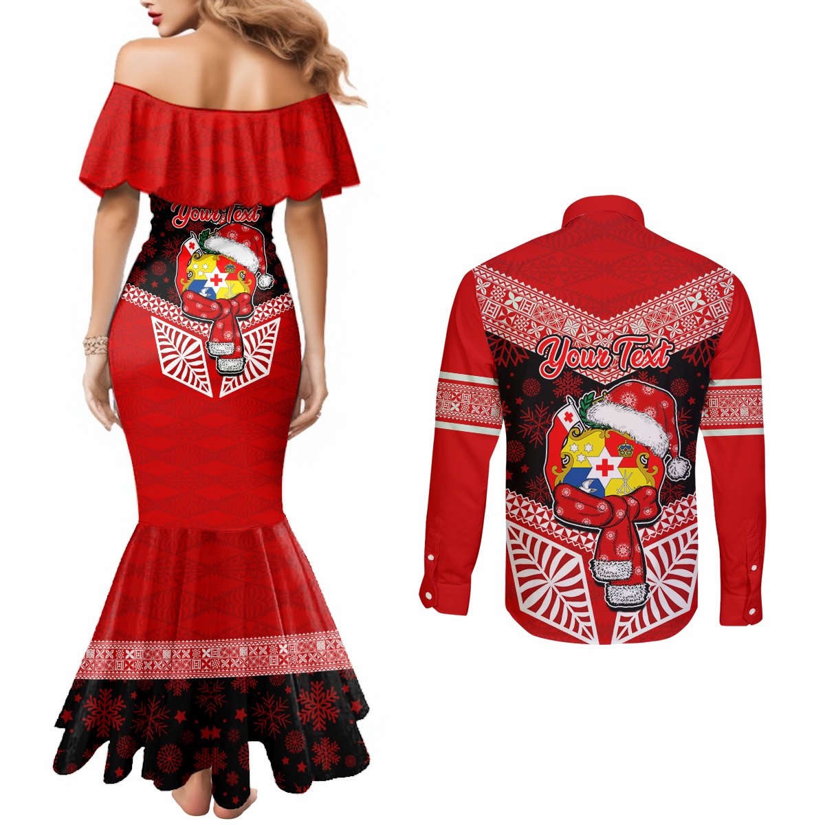 Personalised Tonga Christmas Couples Matching Mermaid Dress and Long Sleeve Button Shirts Tongan Coat of Arms Santa With Ngatu Pattern Christmas Red Style LT03 - Polynesian Pride