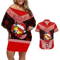 Personalised Tonga Christmas Couples Matching Off Shoulder Short Dress and Hawaiian Shirt Tongan Coat of Arms Santa With Ngatu Pattern Christmas Red Style LT03 Red - Polynesian Pride