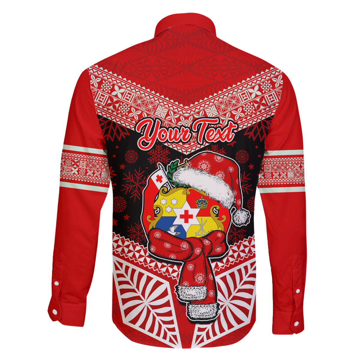 Personalised Tonga Christmas Family Matching Long Sleeve Bodycon Dress and Hawaiian Shirt Tongan Coat of Arms Santa With Ngatu Pattern Christmas Red Style LT03 - Polynesian Pride