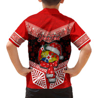 Personalised Tonga Christmas Family Matching Off Shoulder Long Sleeve Dress and Hawaiian Shirt Tongan Coat of Arms Santa With Ngatu Pattern Christmas Red Style LT03 - Polynesian Pride
