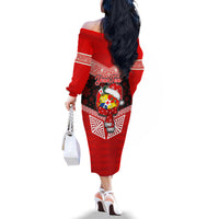 Personalised Tonga Christmas Family Matching Off Shoulder Long Sleeve Dress and Hawaiian Shirt Tongan Coat of Arms Santa With Ngatu Pattern Christmas Red Style LT03 - Polynesian Pride