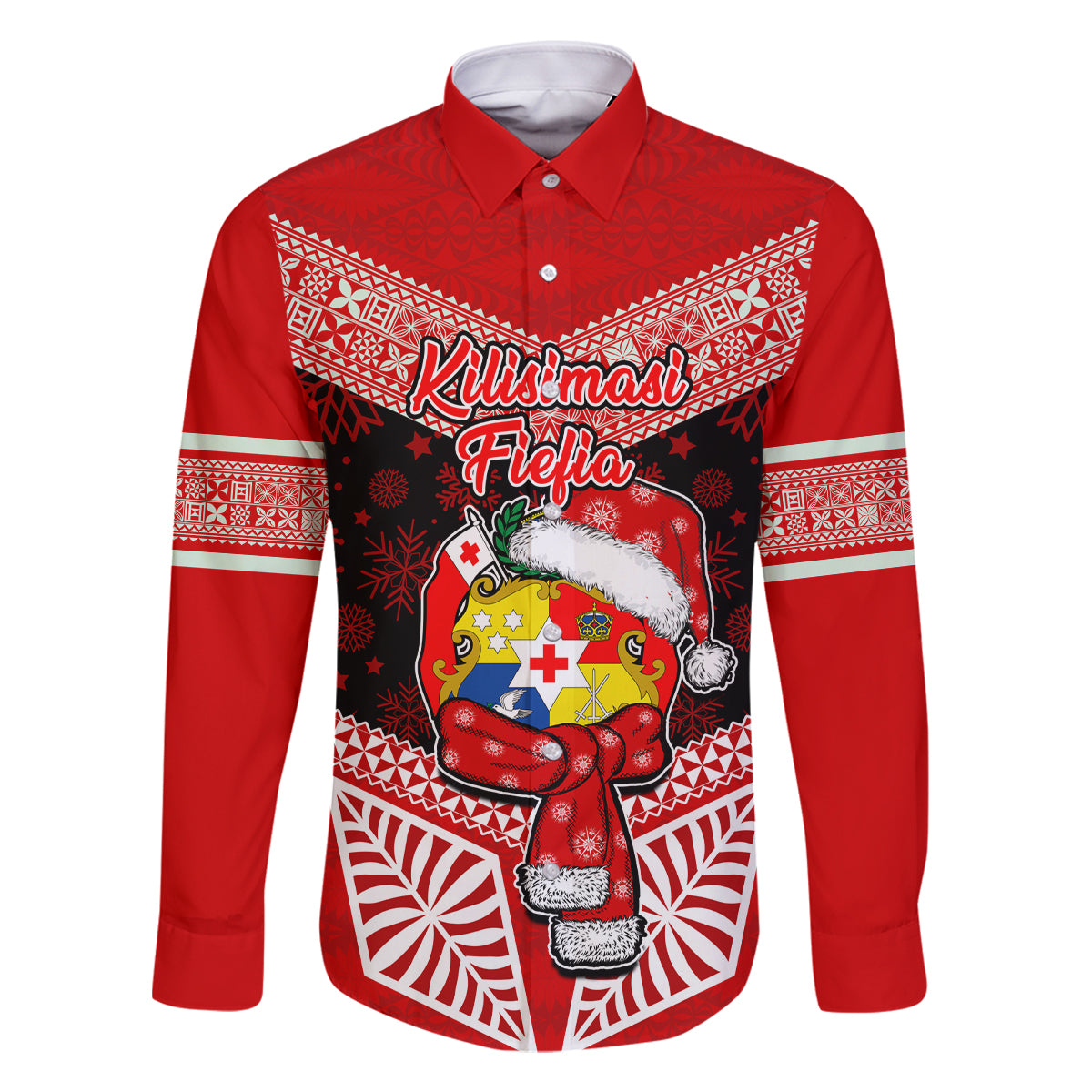 Personalised Tonga Christmas Family Matching Off Shoulder Maxi Dress and Hawaiian Shirt Tongan Coat of Arms Santa With Ngatu Pattern Christmas Red Style LT03 Dad's Shirt - Long Sleeve Red - Polynesian Pride