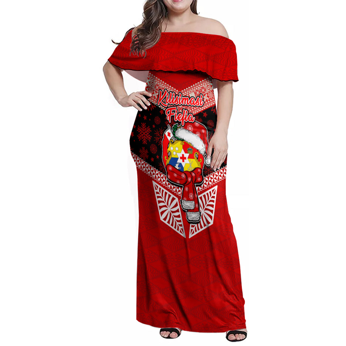 Personalised Tonga Christmas Family Matching Off Shoulder Maxi Dress and Hawaiian Shirt Tongan Coat of Arms Santa With Ngatu Pattern Christmas Red Style LT03 Mom's Dress Red - Polynesian Pride