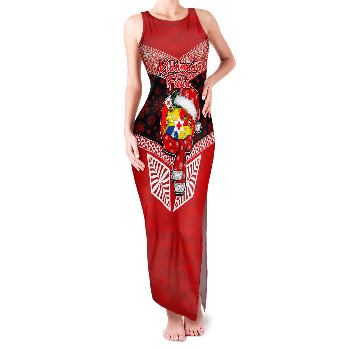 Personalised Tonga Christmas Family Matching Tank Maxi Dress and Hawaiian Shirt Tongan Coat of Arms Santa With Ngatu Pattern Christmas Red Style LT03 Mom's Dress Red - Polynesian Pride