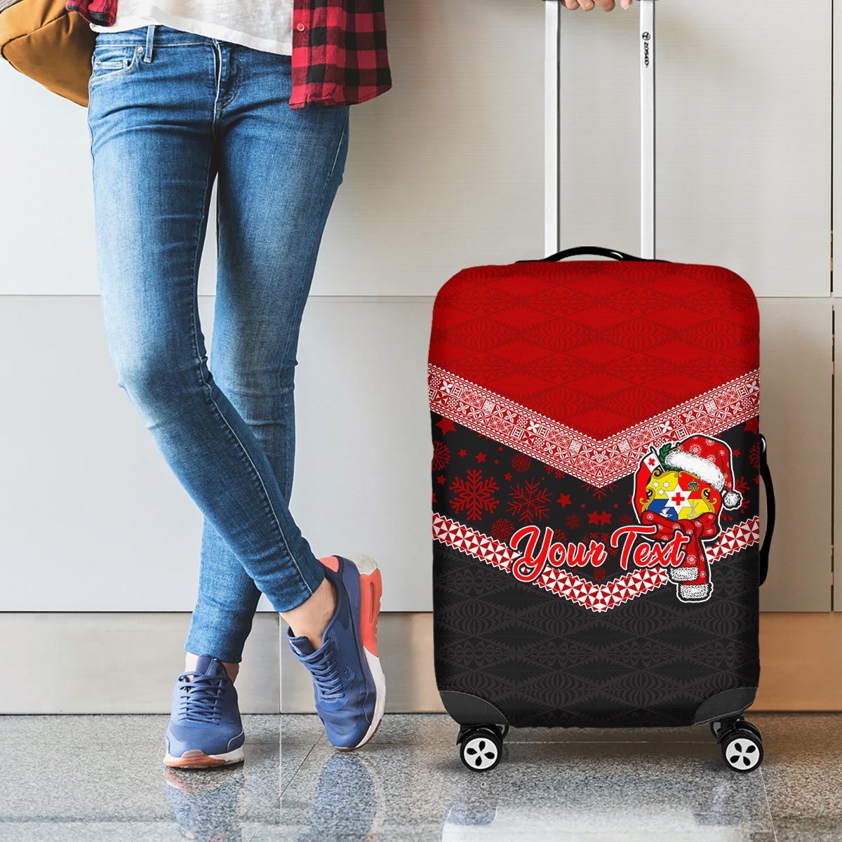 Personalised Tonga Christmas Luggage Cover Tongan Coat of Arms Santa With Ngatu Pattern Christmas Red Style LT03 - Polynesian Pride