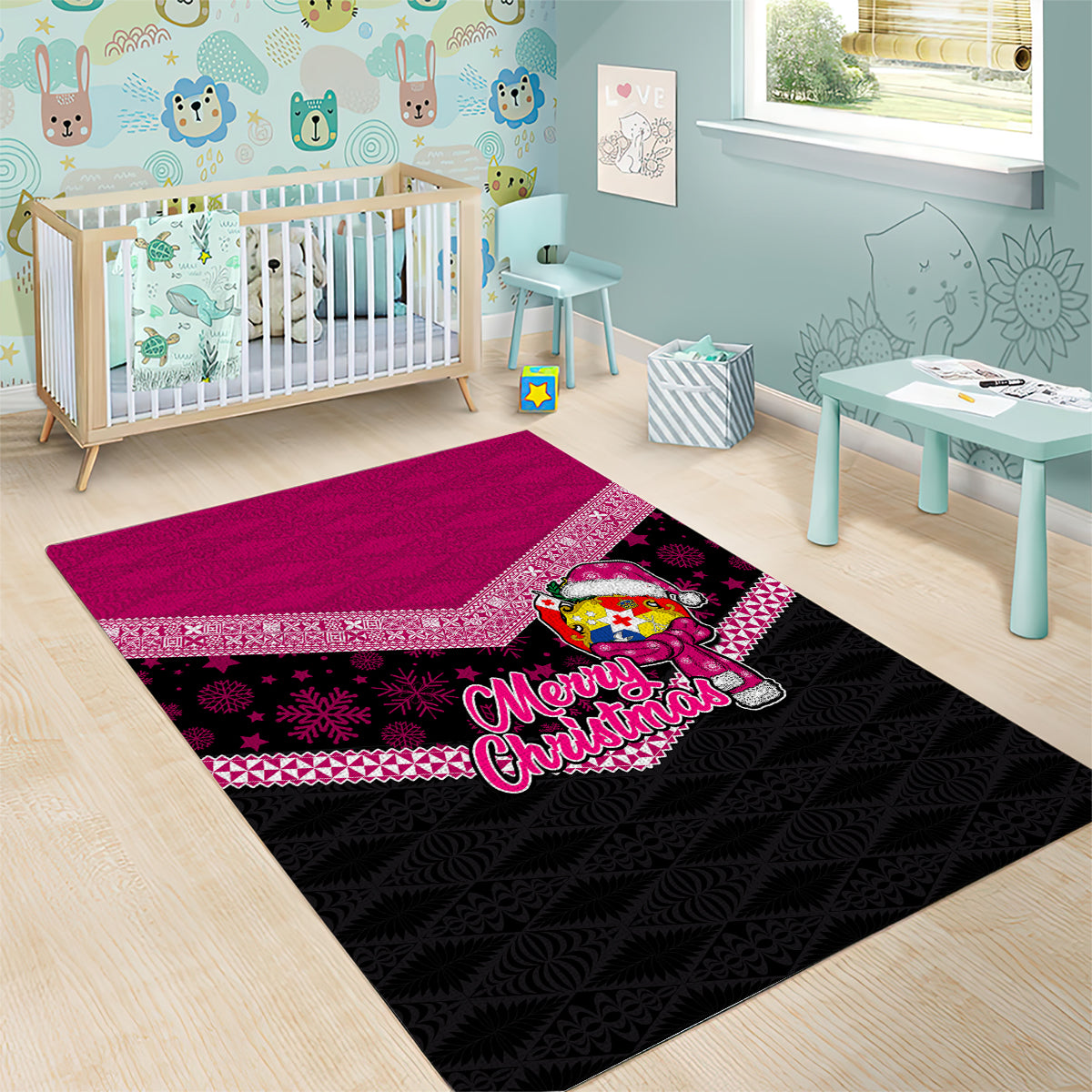 Tonga Christmas Area Rug Tongan Coat of Arms Santa With Ngatu Pattern Christmas Pink Style LT03 - Polynesian Pride