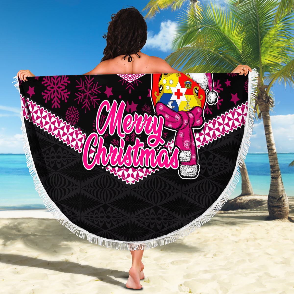 Tonga Christmas Beach Blanket Tongan Coat of Arms Santa With Ngatu Pattern Christmas Pink Style LT03 - Wonder Print Shop