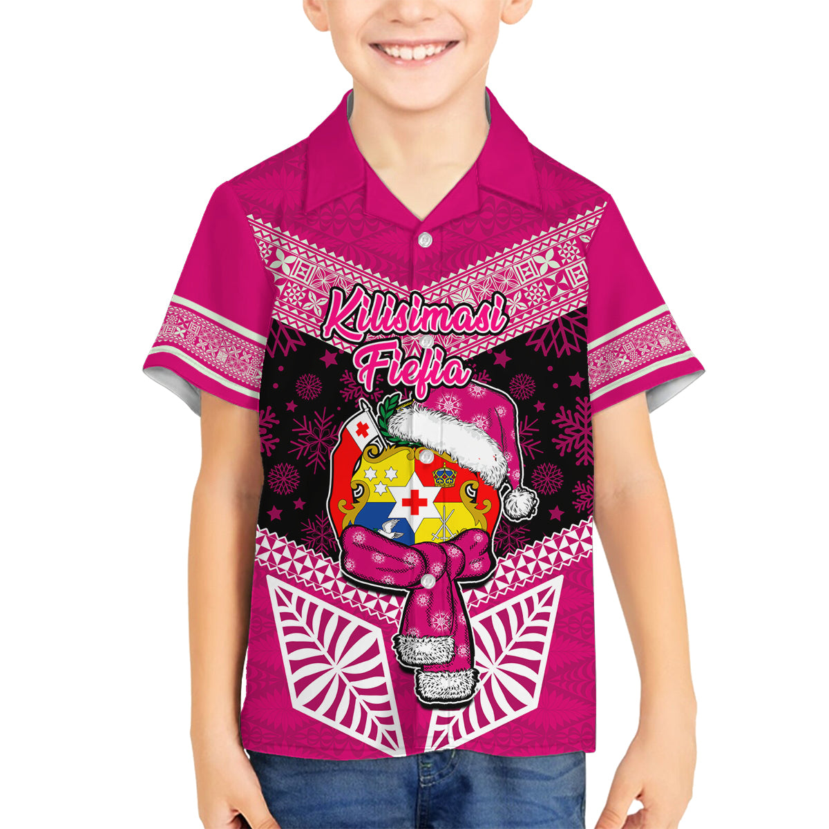 Tonga Christmas Family Matching Long Sleeve Bodycon Dress and Hawaiian Shirt Tongan Coat of Arms Santa With Ngatu Pattern Christmas Pink Style LT03 Son's Shirt Pink - Polynesian Pride
