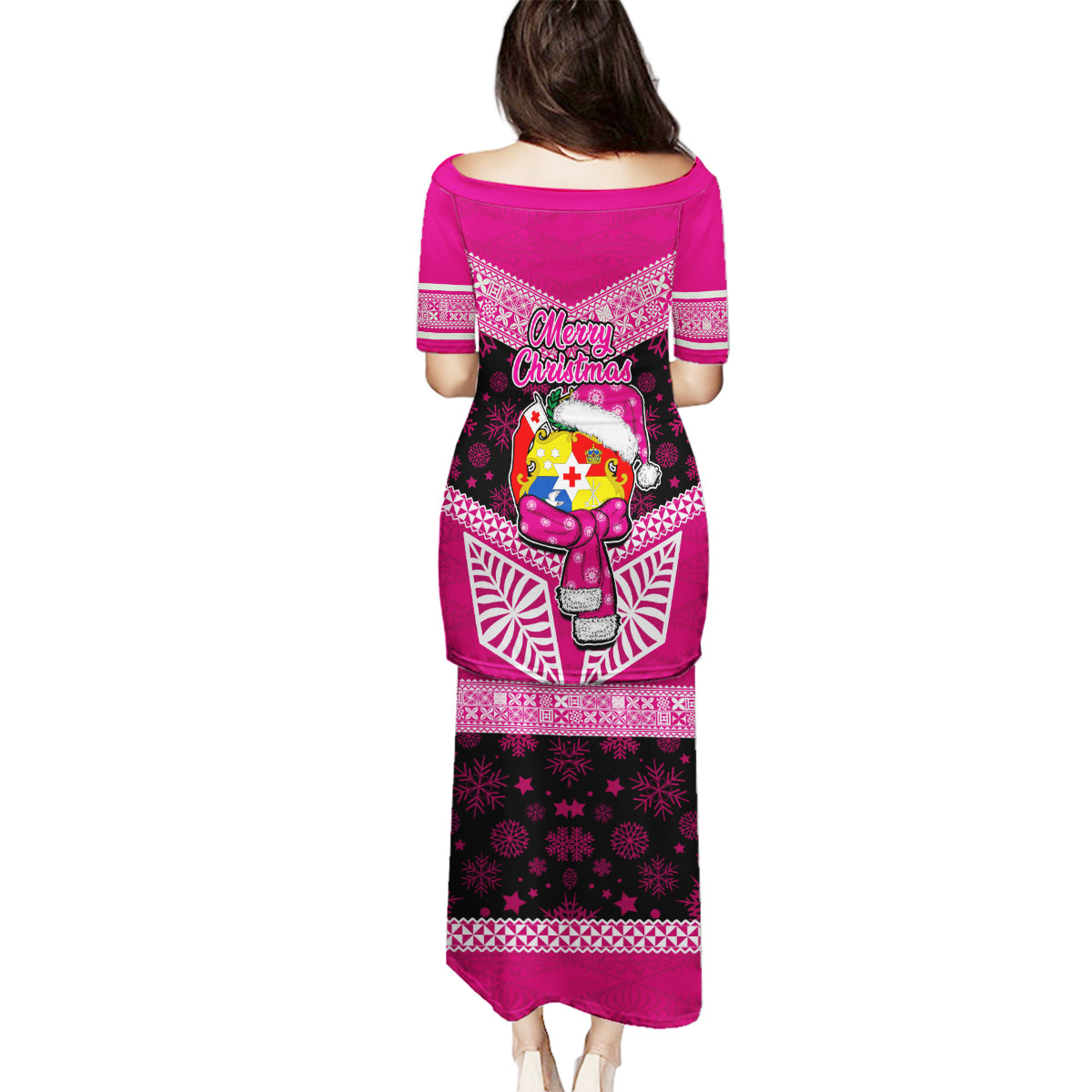 Tonga Christmas Family Matching Puletasi Dress and Hawaiian Shirt Tongan Coat of Arms Santa With Ngatu Pattern Christmas Pink Style LT03 - Polynesian Pride