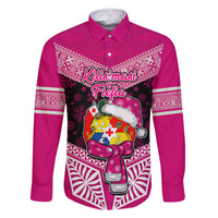 Tonga Christmas Family Matching Summer Maxi Dress and Hawaiian Shirt Tongan Coat of Arms Santa With Ngatu Pattern Christmas Pink Style LT03 Dad's Shirt - Long Sleeve Pink - Polynesian Pride