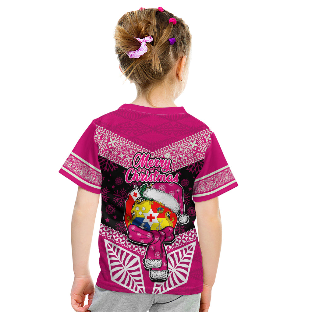 Tonga Christmas Kid T Shirt Tongan Coat of Arms Santa With Ngatu Pattern Christmas Pink Style LT03 - Polynesian Pride
