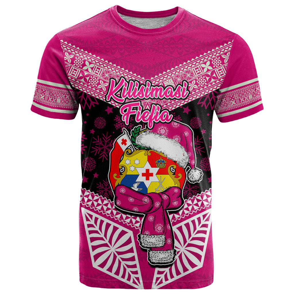 Tonga Christmas T Shirt Tongan Coat of Arms Santa With Ngatu Pattern Christmas Pink Style LT03 Pink - Polynesian Pride