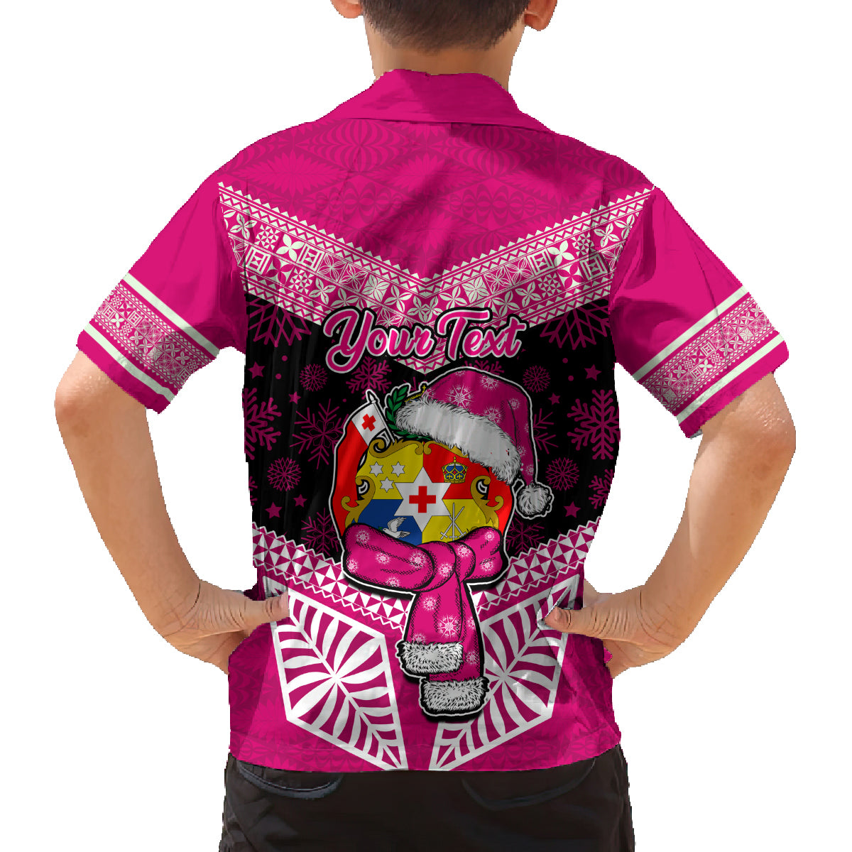 Personalised Tonga Christmas Family Matching Long Sleeve Bodycon Dress and Hawaiian Shirt Tongan Coat of Arms Santa With Ngatu Pattern Christmas Pink Style LT03 - Polynesian Pride