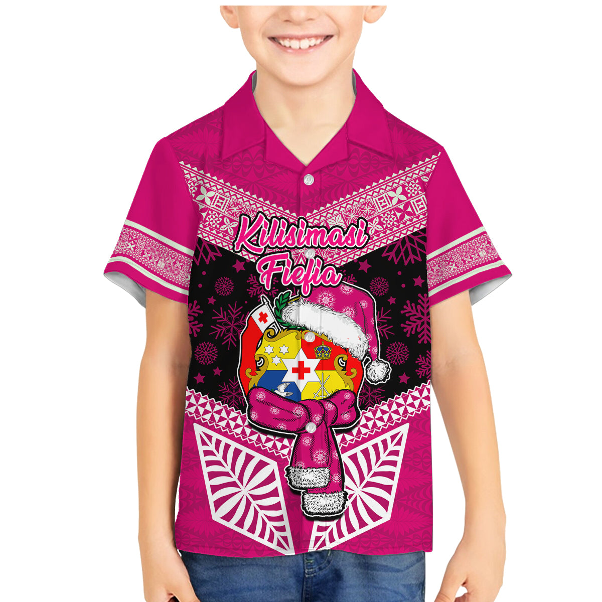 Personalised Tonga Christmas Family Matching Mermaid Dress and Hawaiian Shirt Tongan Coat of Arms Santa With Ngatu Pattern Christmas Pink Style LT03 Son's Shirt Pink - Polynesian Pride