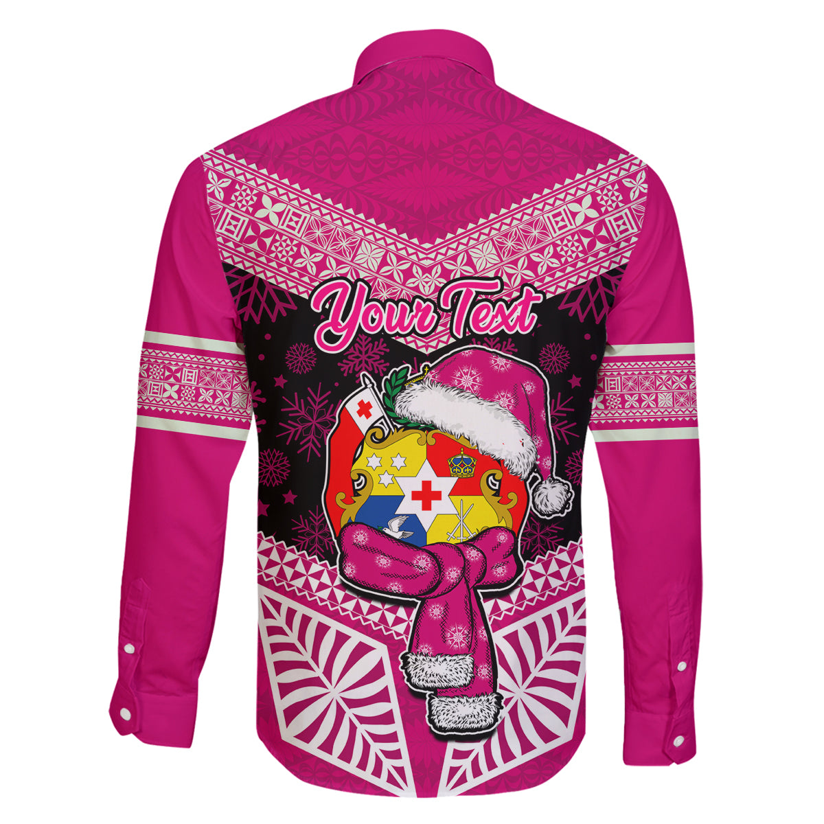 Personalised Tonga Christmas Family Matching Off Shoulder Long Sleeve Dress and Hawaiian Shirt Tongan Coat of Arms Santa With Ngatu Pattern Christmas Pink Style LT03 - Polynesian Pride