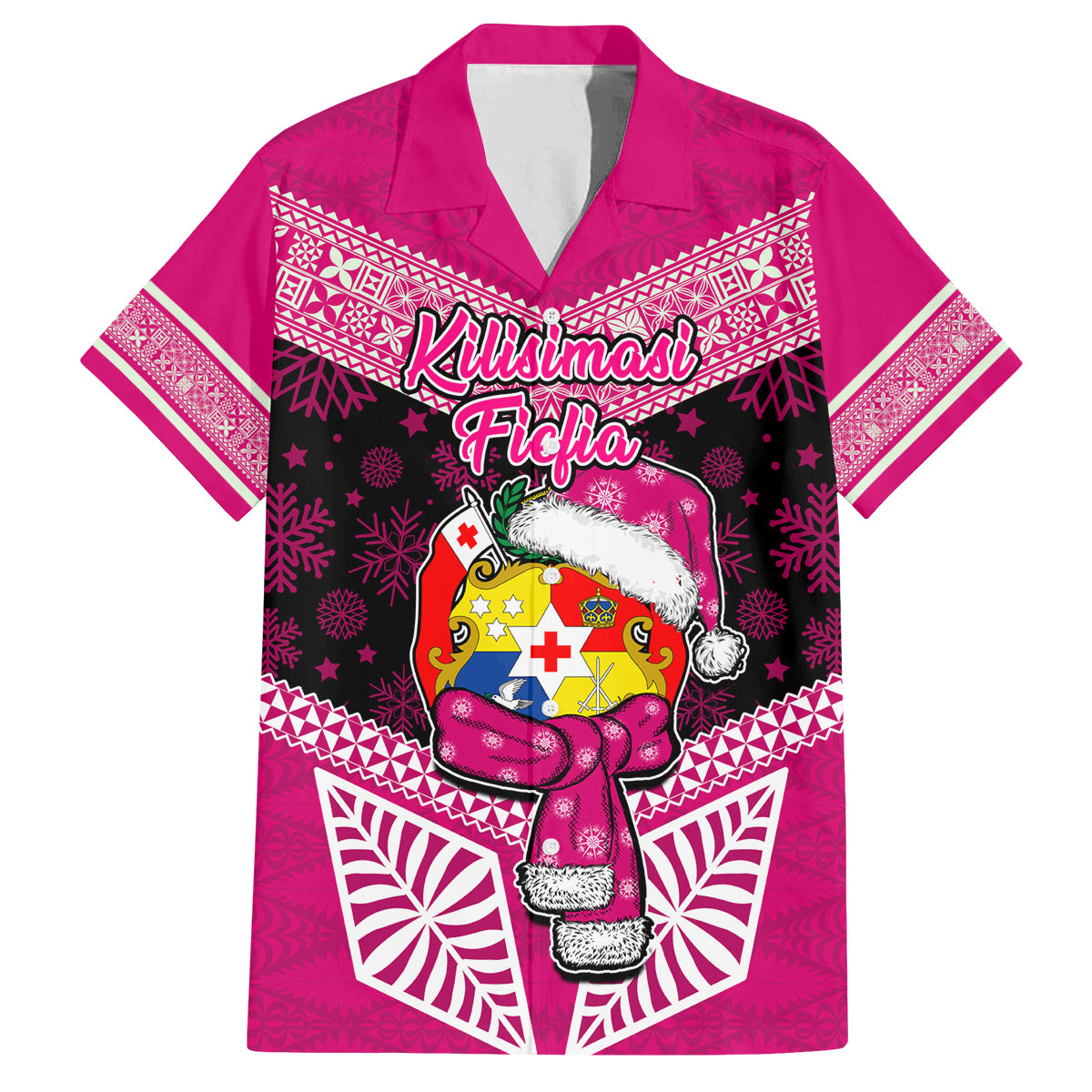 Personalised Tonga Christmas Family Matching Off Shoulder Short Dress and Hawaiian Shirt Tongan Coat of Arms Santa With Ngatu Pattern Christmas Pink Style LT03 Dad's Shirt - Short Sleeve Pink - Polynesian Pride