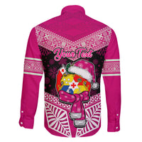 Personalised Tonga Christmas Family Matching Off Shoulder Short Dress and Hawaiian Shirt Tongan Coat of Arms Santa With Ngatu Pattern Christmas Pink Style LT03 - Polynesian Pride