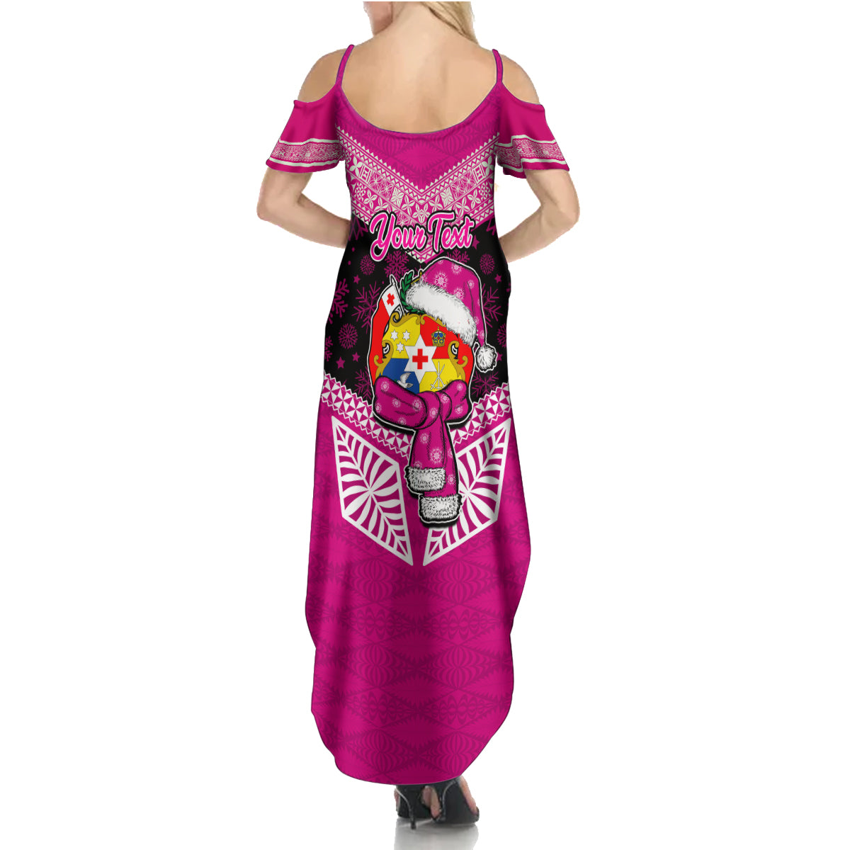 Personalised Tonga Christmas Family Matching Summer Maxi Dress and Hawaiian Shirt Tongan Coat of Arms Santa With Ngatu Pattern Christmas Pink Style LT03 - Polynesian Pride