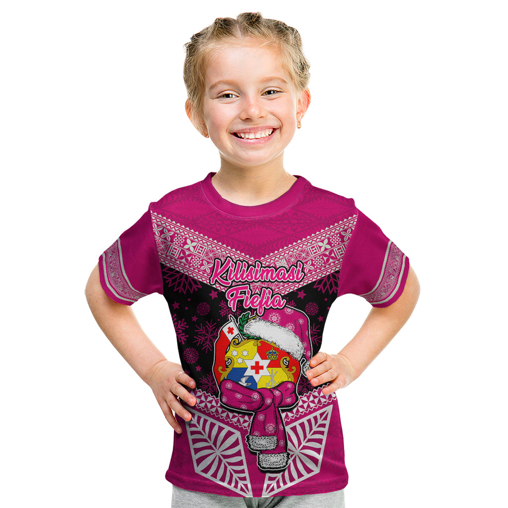 Personalised Tonga Christmas Kid T Shirt Tongan Coat of Arms Santa With Ngatu Pattern Christmas Pink Style LT03 Pink - Polynesian Pride