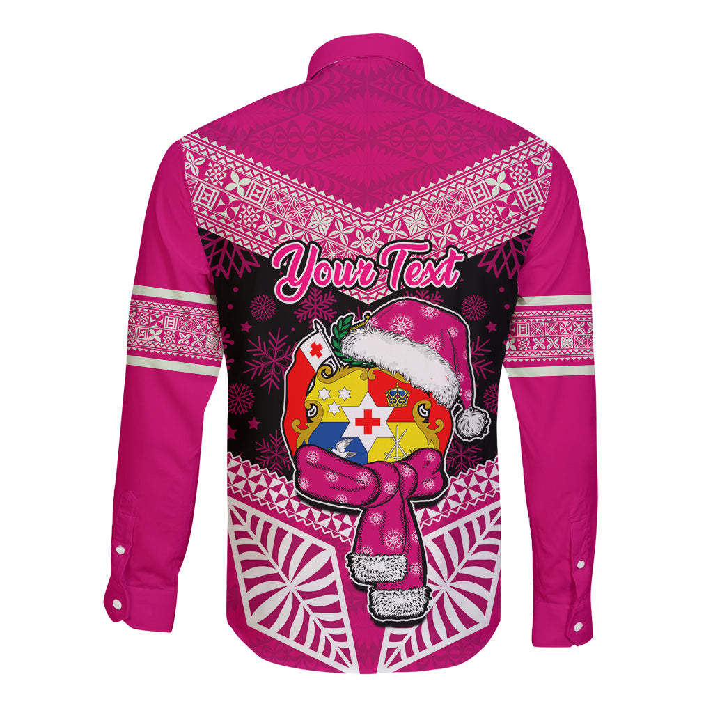 Personalised Tonga Christmas Long Sleeve Button Shirt Tongan Coat of Arms Santa With Ngatu Pattern Christmas Pink Style LT03 - Polynesian Pride