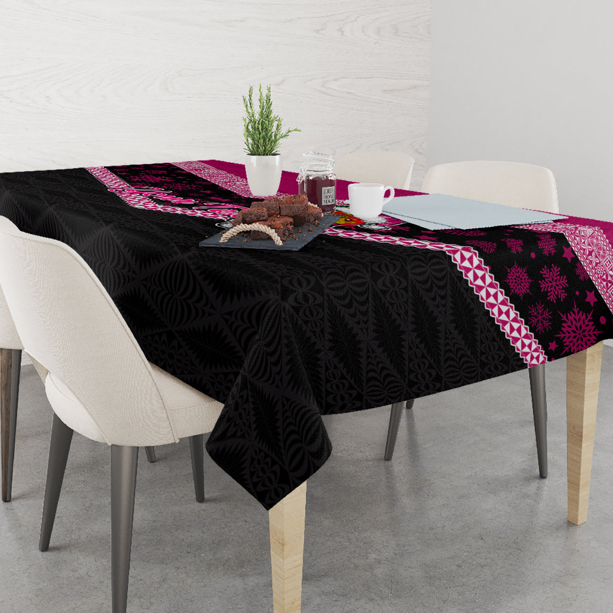 Personalised Tonga Christmas Tablecloth Tongan Coat of Arms Santa With Ngatu Pattern Christmas Pink Style LT03 - Polynesian Pride