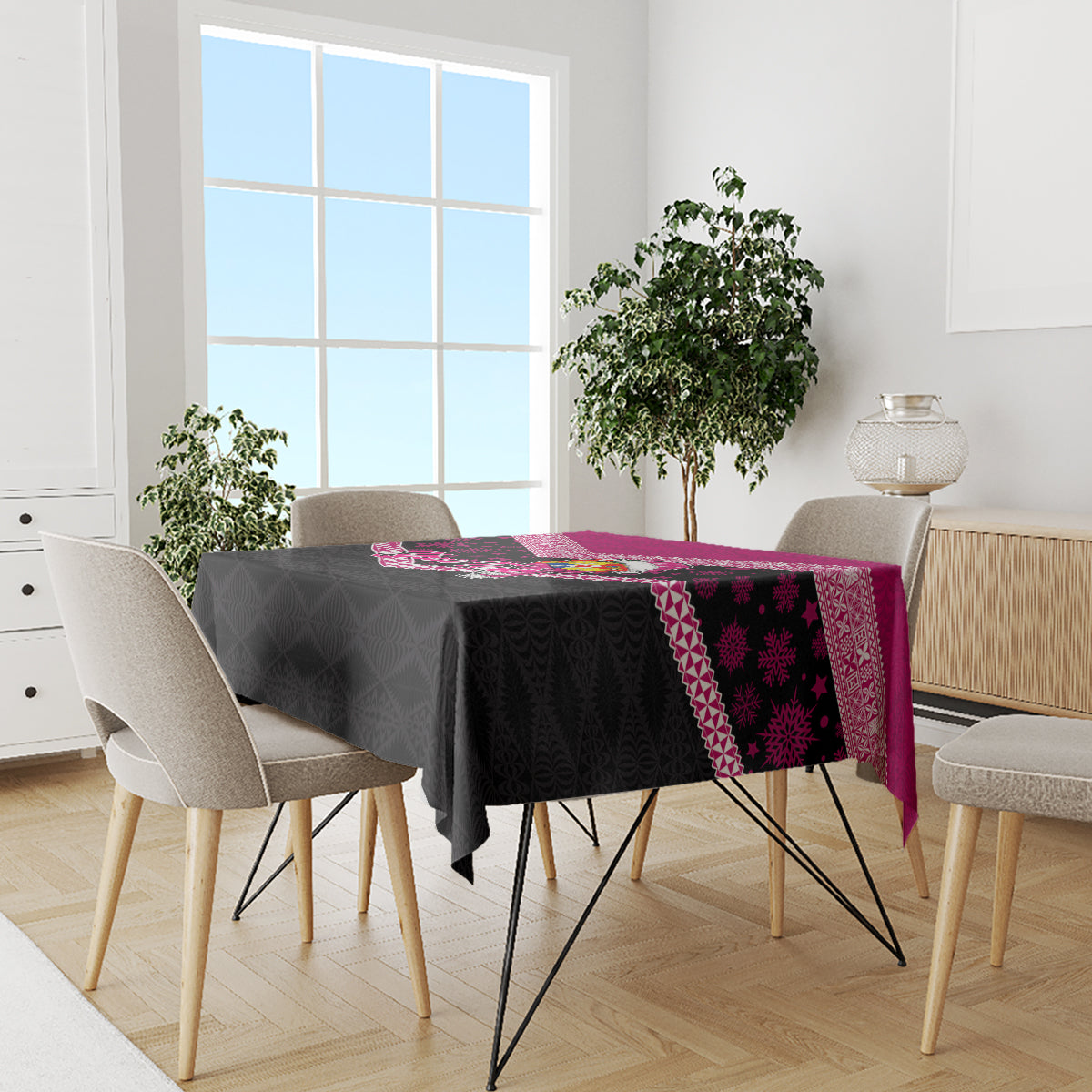 Personalised Tonga Christmas Tablecloth Tongan Coat of Arms Santa With Ngatu Pattern Christmas Pink Style LT03 - Polynesian Pride