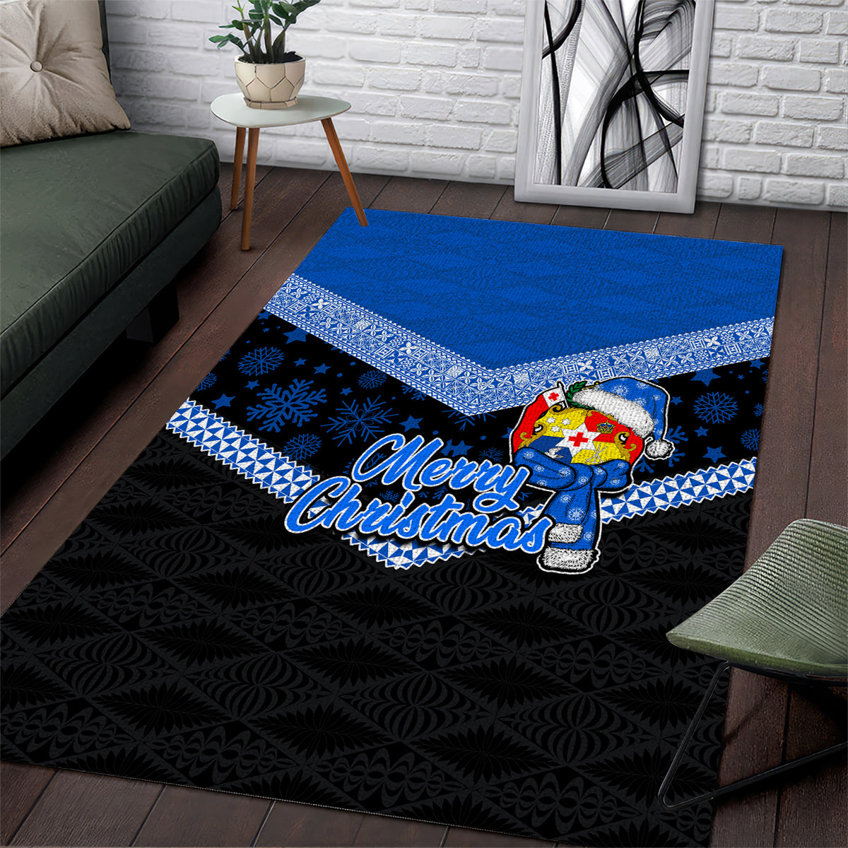 Tonga Christmas Area Rug Tongan Coat of Arms Santa With Ngatu Pattern Christmas Blue Style LT03 Blue - Polynesian Pride
