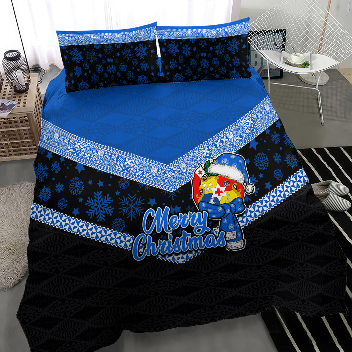 Tonga Christmas Bedding Set Tongan Coat of Arms Santa With Ngatu Pattern Christmas Blue Style LT03 - Polynesian Pride