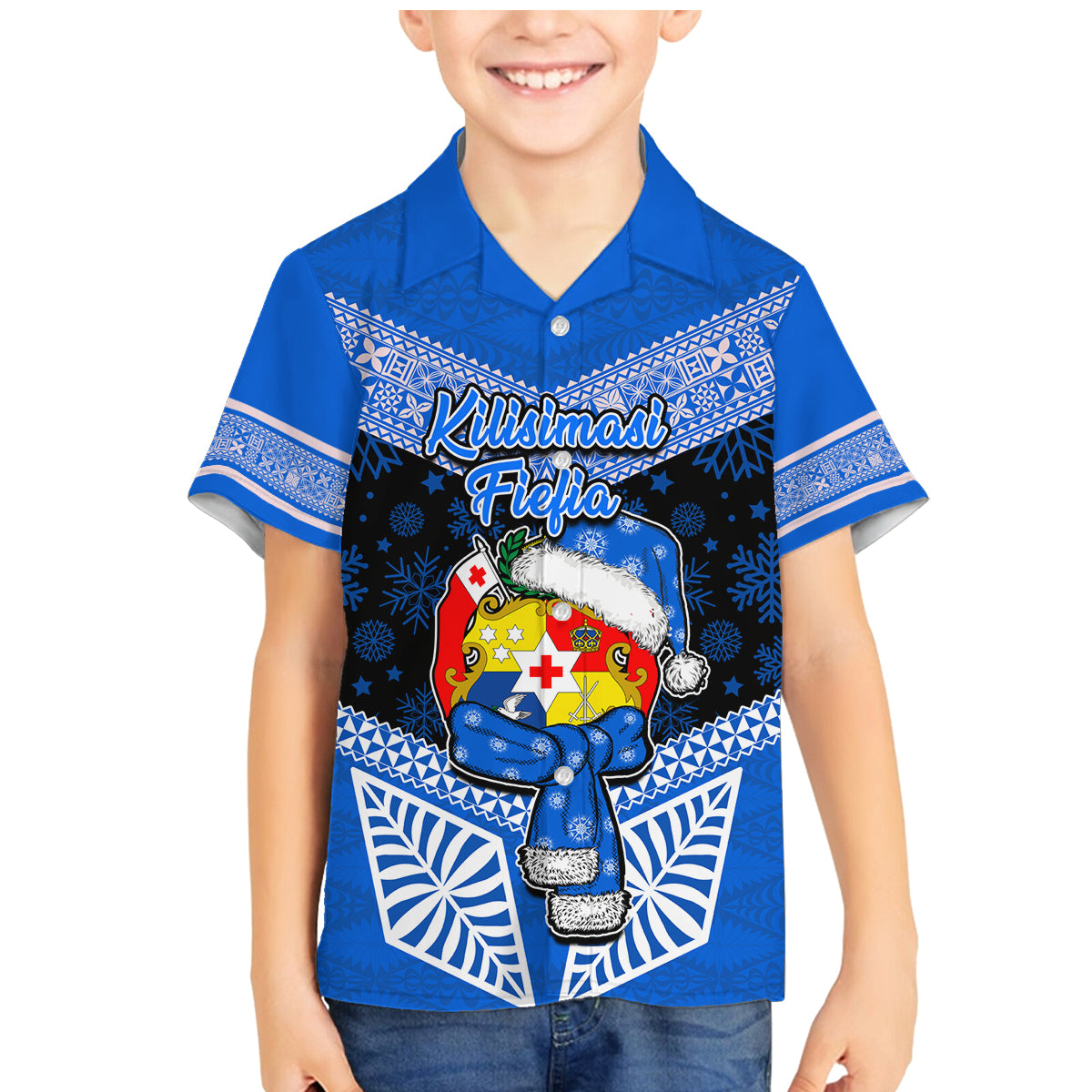 Tonga Christmas Family Matching Mermaid Dress and Hawaiian Shirt Tongan Coat of Arms Santa With Ngatu Pattern Christmas Blue Style LT03 Son's Shirt Blue - Polynesian Pride