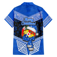 Tonga Christmas Family Matching Off Shoulder Short Dress and Hawaiian Shirt Tongan Coat of Arms Santa With Ngatu Pattern Christmas Blue Style LT03 - Polynesian Pride
