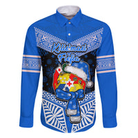 Tonga Christmas Family Matching Off Shoulder Short Dress and Hawaiian Shirt Tongan Coat of Arms Santa With Ngatu Pattern Christmas Blue Style LT03 Dad's Shirt - Long Sleeve Blue - Polynesian Pride