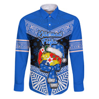 Tonga Christmas Family Matching Puletasi Dress and Hawaiian Shirt Tongan Coat of Arms Santa With Ngatu Pattern Christmas Blue Style LT03 Dad's Shirt - Long Sleeve Blue - Polynesian Pride