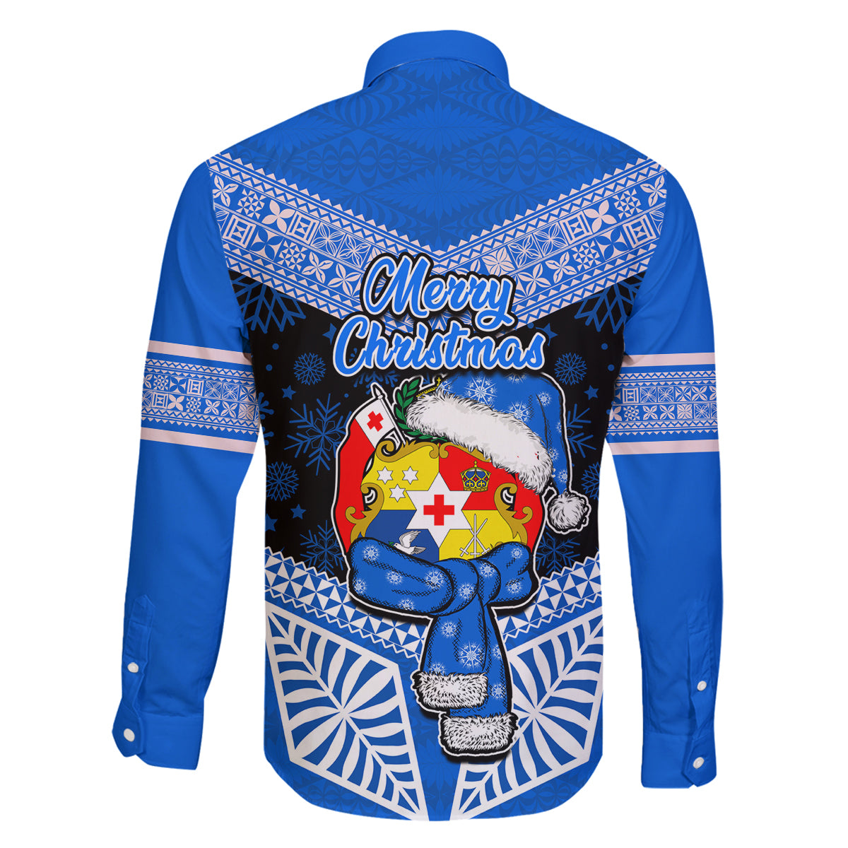 Tonga Christmas Family Matching Tank Maxi Dress and Hawaiian Shirt Tongan Coat of Arms Santa With Ngatu Pattern Christmas Blue Style LT03 - Polynesian Pride