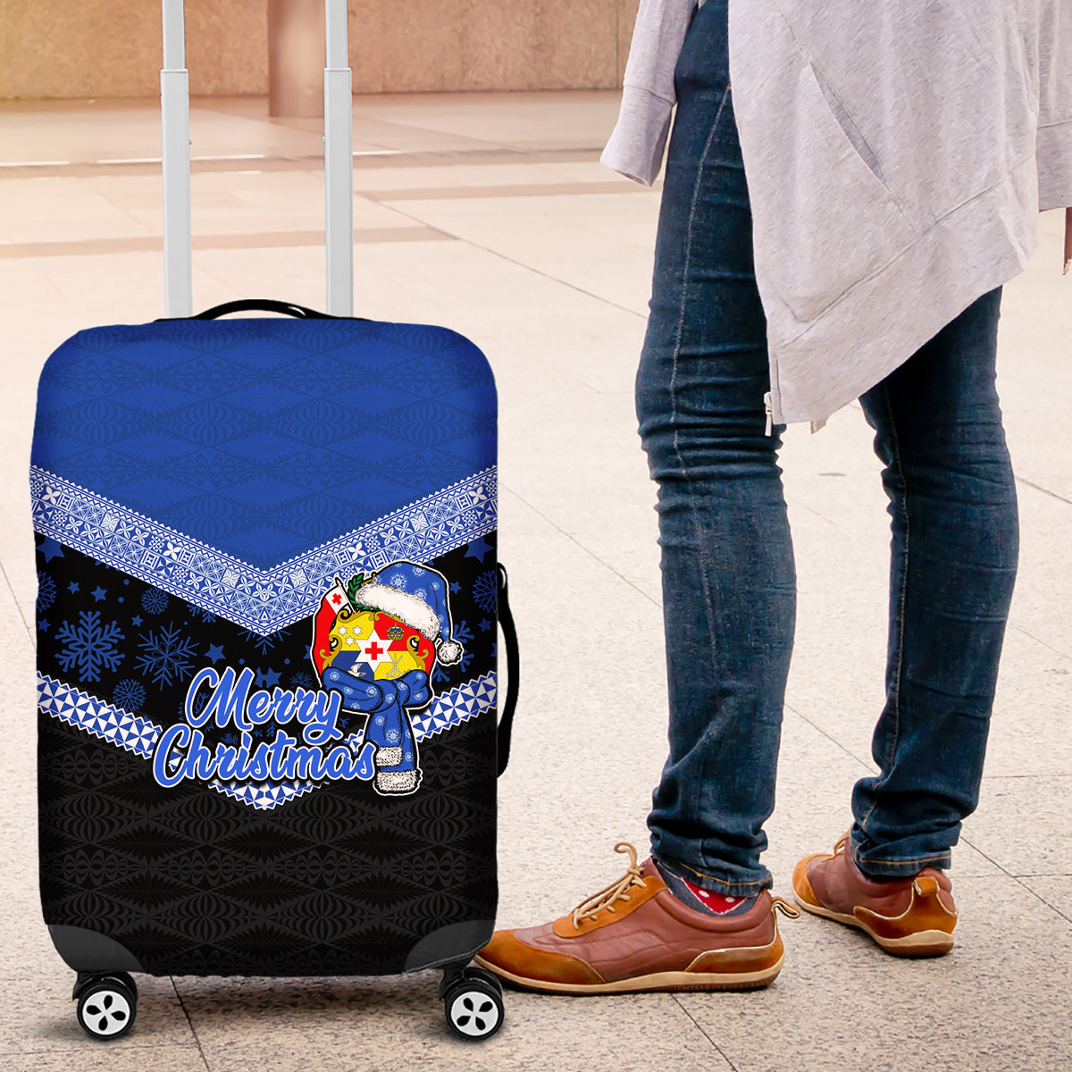 Tonga Christmas Luggage Cover Tongan Coat of Arms Santa With Ngatu Pattern Christmas Blue Style LT03 Blue - Polynesian Pride