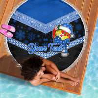 Personalised Tonga Christmas Beach Blanket Tongan Coat of Arms Santa With Ngatu Pattern Christmas Blue Style LT03 - Wonder Print Shop