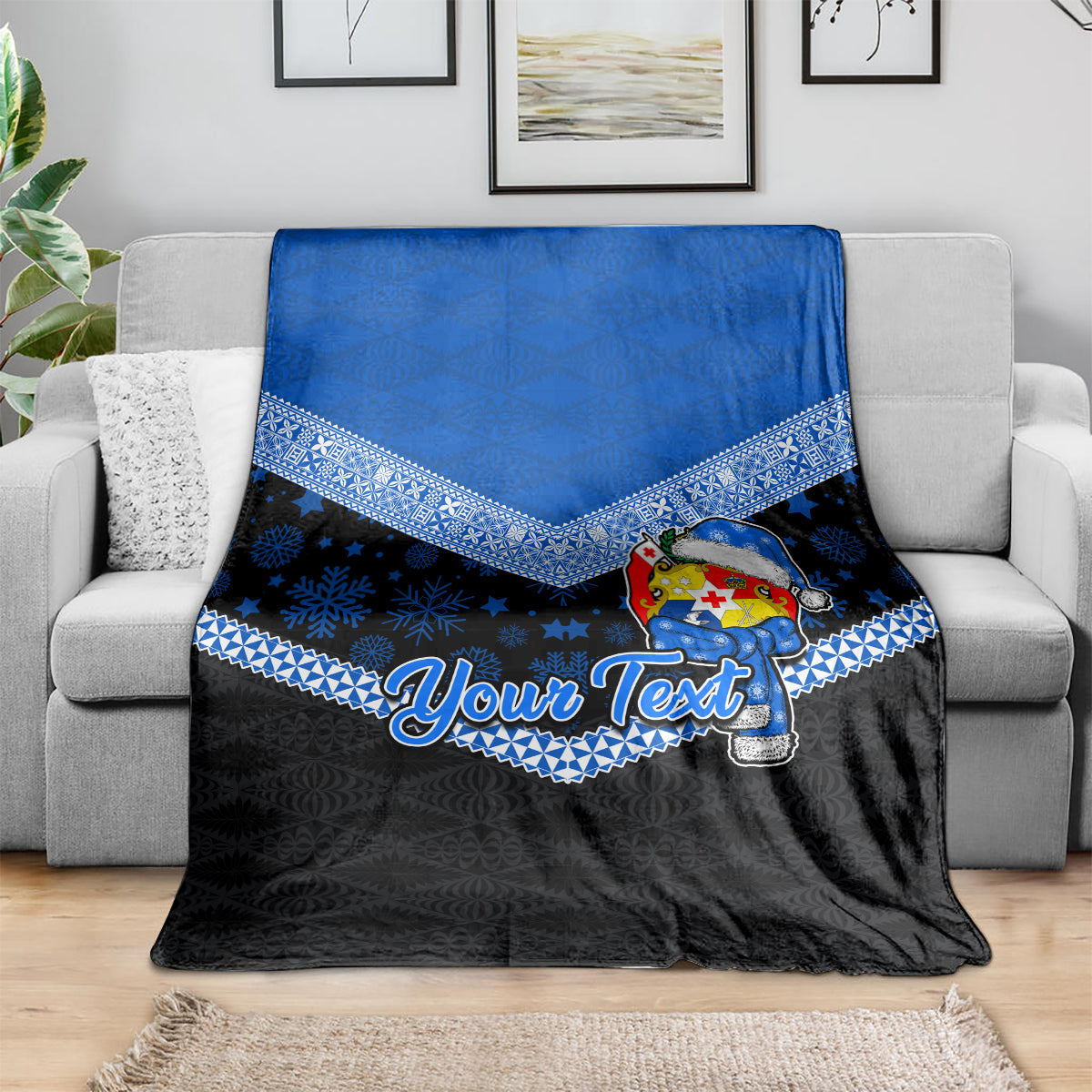 Personalised Tonga Christmas Blanket Tongan Coat of Arms Santa With Ngatu Pattern Christmas Blue Style LT03 - Polynesian Pride