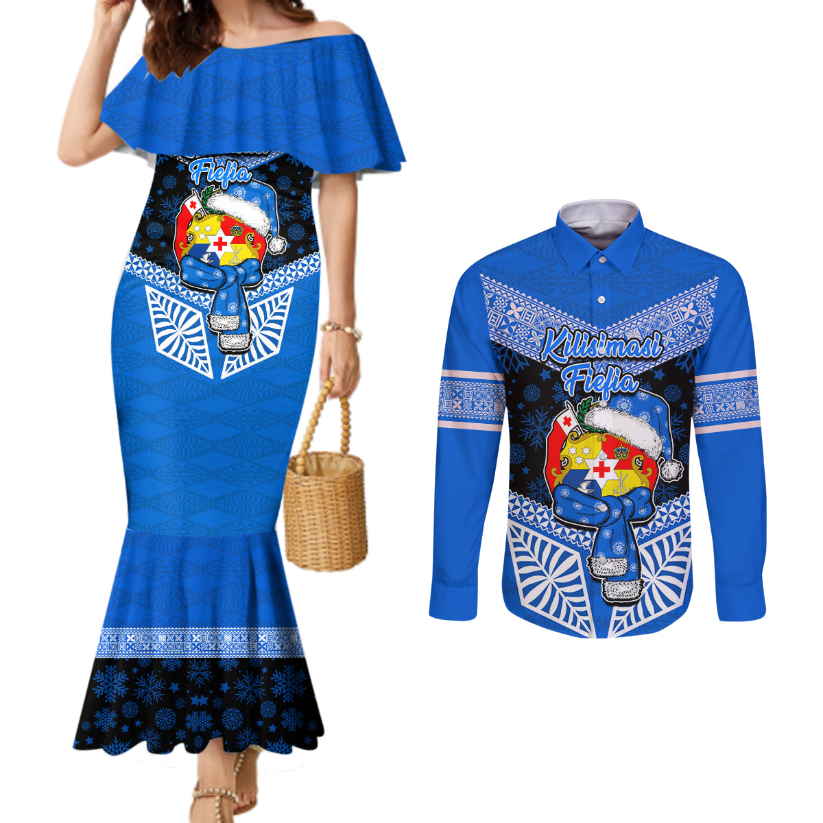 Personalised Tonga Christmas Couples Matching Mermaid Dress and Long Sleeve Button Shirts Tongan Coat of Arms Santa With Ngatu Pattern Christmas Blue Style LT03 Blue - Polynesian Pride