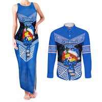 Personalised Tonga Christmas Couples Matching Tank Maxi Dress and Long Sleeve Button Shirts Tongan Coat of Arms Santa With Ngatu Pattern Christmas Blue Style LT03 Blue - Polynesian Pride