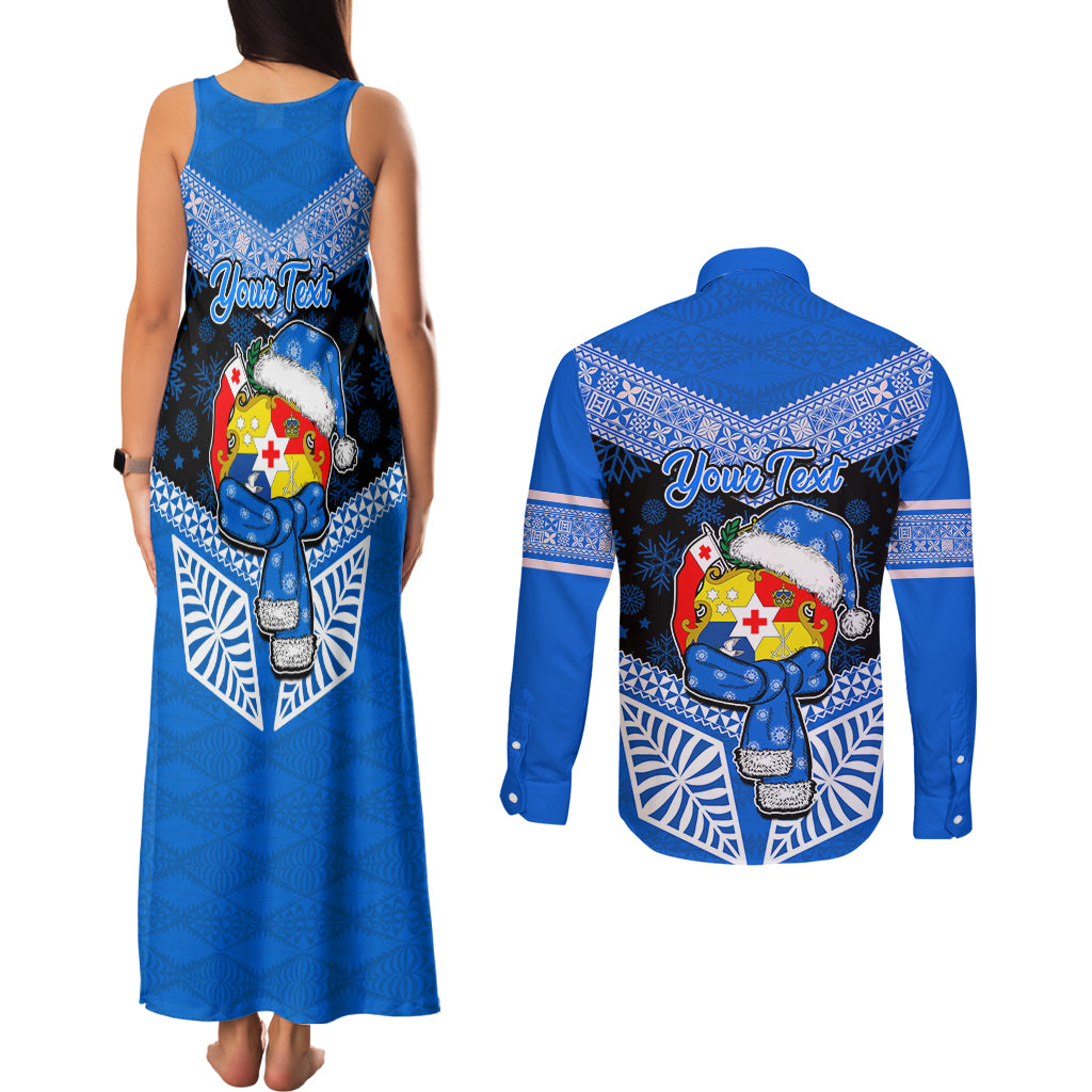 Personalised Tonga Christmas Couples Matching Tank Maxi Dress and Long Sleeve Button Shirts Tongan Coat of Arms Santa With Ngatu Pattern Christmas Blue Style LT03 - Polynesian Pride
