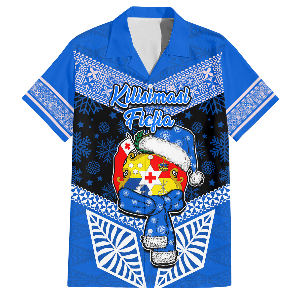 Personalised Tonga Christmas Family Matching Off Shoulder Short Dress and Hawaiian Shirt Tongan Coat of Arms Santa With Ngatu Pattern Christmas Blue Style LT03 Dad's Shirt - Short Sleeve Blue - Polynesian Pride