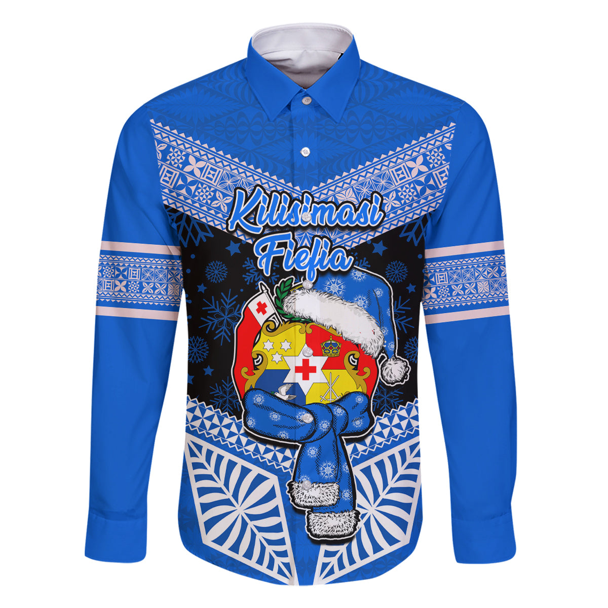 Personalised Tonga Christmas Family Matching Off Shoulder Short Dress and Hawaiian Shirt Tongan Coat of Arms Santa With Ngatu Pattern Christmas Blue Style LT03 Dad's Shirt - Long Sleeve Blue - Polynesian Pride