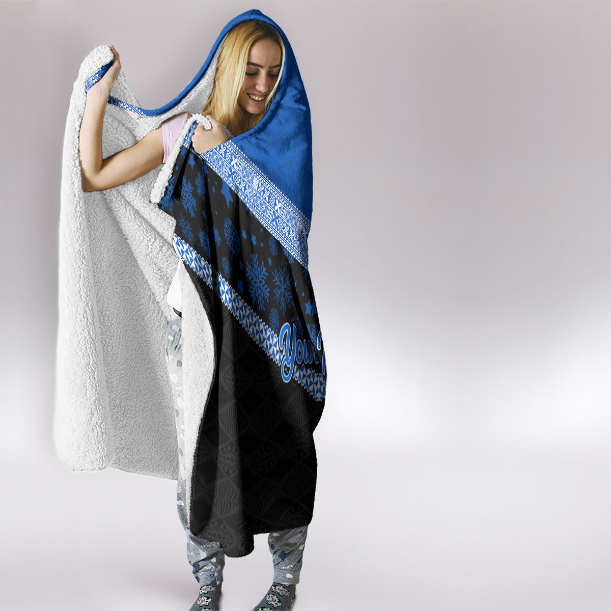 Personalised Tonga Christmas Hooded Blanket Tongan Coat of Arms Santa With Ngatu Pattern Christmas Blue Style LT03 - Polynesian Pride