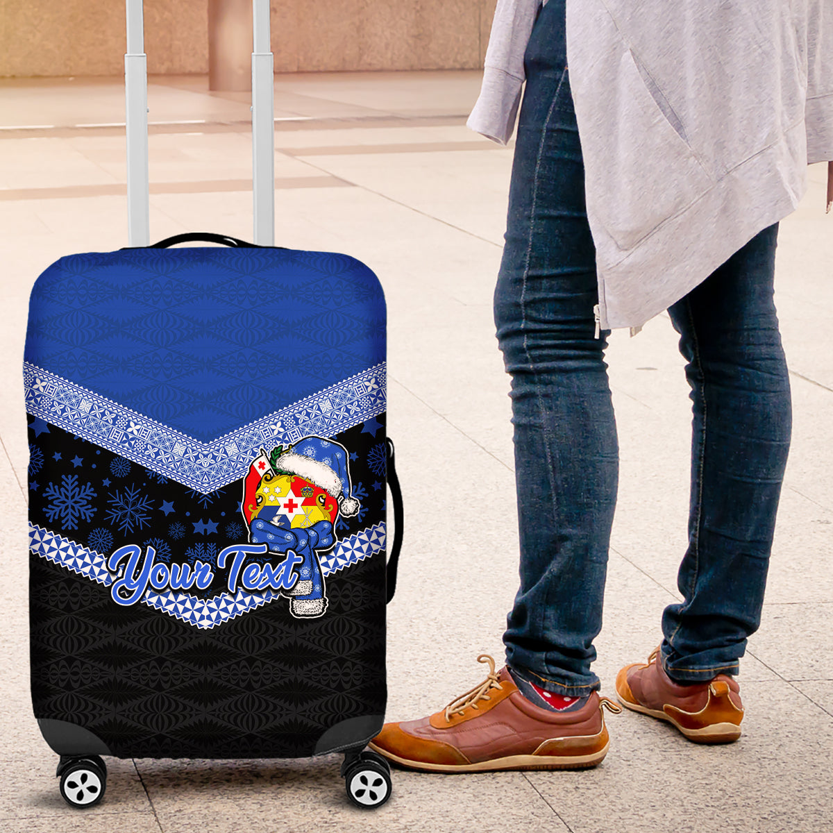 Personalised Tonga Christmas Luggage Cover Tongan Coat of Arms Santa With Ngatu Pattern Christmas Blue Style LT03 Blue - Polynesian Pride