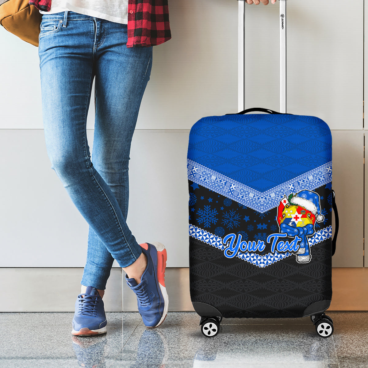 Personalised Tonga Christmas Luggage Cover Tongan Coat of Arms Santa With Ngatu Pattern Christmas Blue Style LT03 - Polynesian Pride