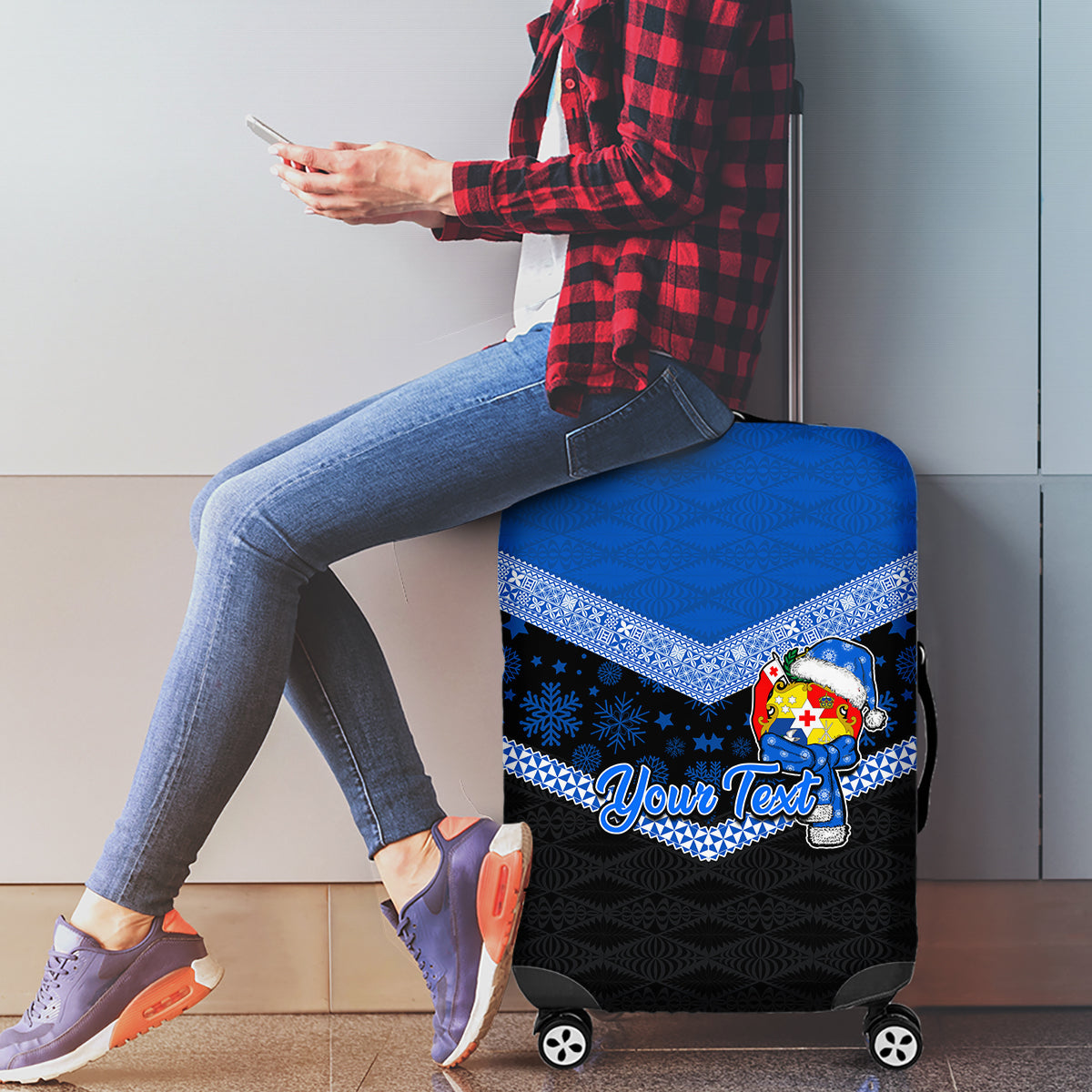 Personalised Tonga Christmas Luggage Cover Tongan Coat of Arms Santa With Ngatu Pattern Christmas Blue Style LT03 - Polynesian Pride