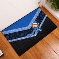 Personalised Tonga Christmas Rubber Doormat Tongan Coat of Arms Santa With Ngatu Pattern Christmas Blue Style LT03 Blue - Polynesian Pride