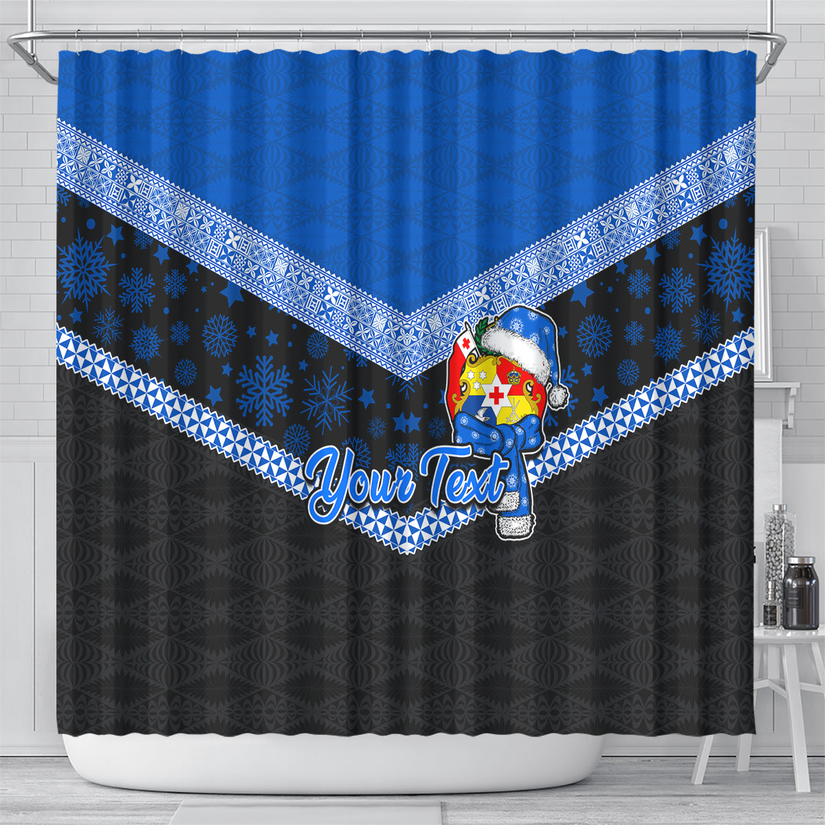 Personalised Tonga Christmas Shower Curtain Tongan Coat of Arms Santa With Ngatu Pattern Christmas Blue Style LT03 - Polynesian Pride