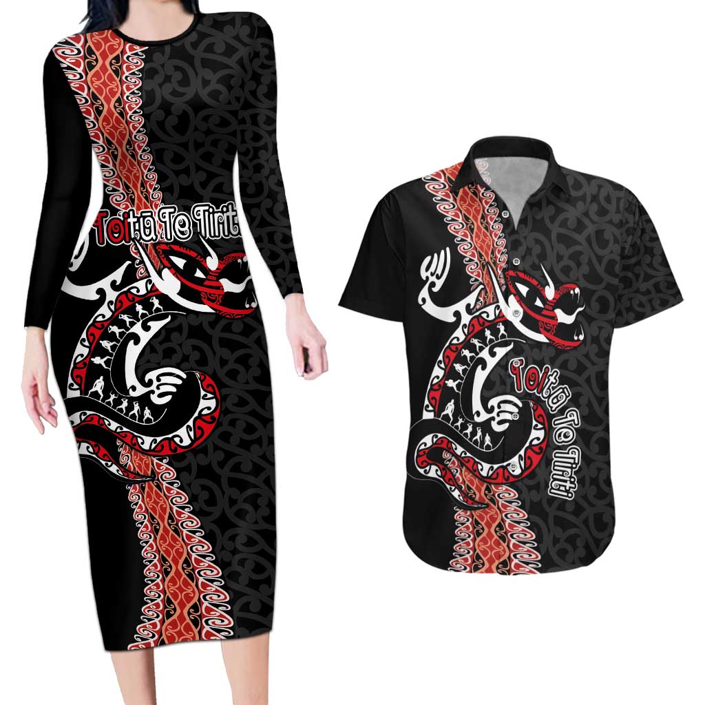 Aotearoa Toitu Te Tiriti Couples Matching Long Sleeve Bodycon Dress and Hawaiian Shirt Maori Taniwha Haka - Honour the Treaty LT03 Black - Polynesian Pride